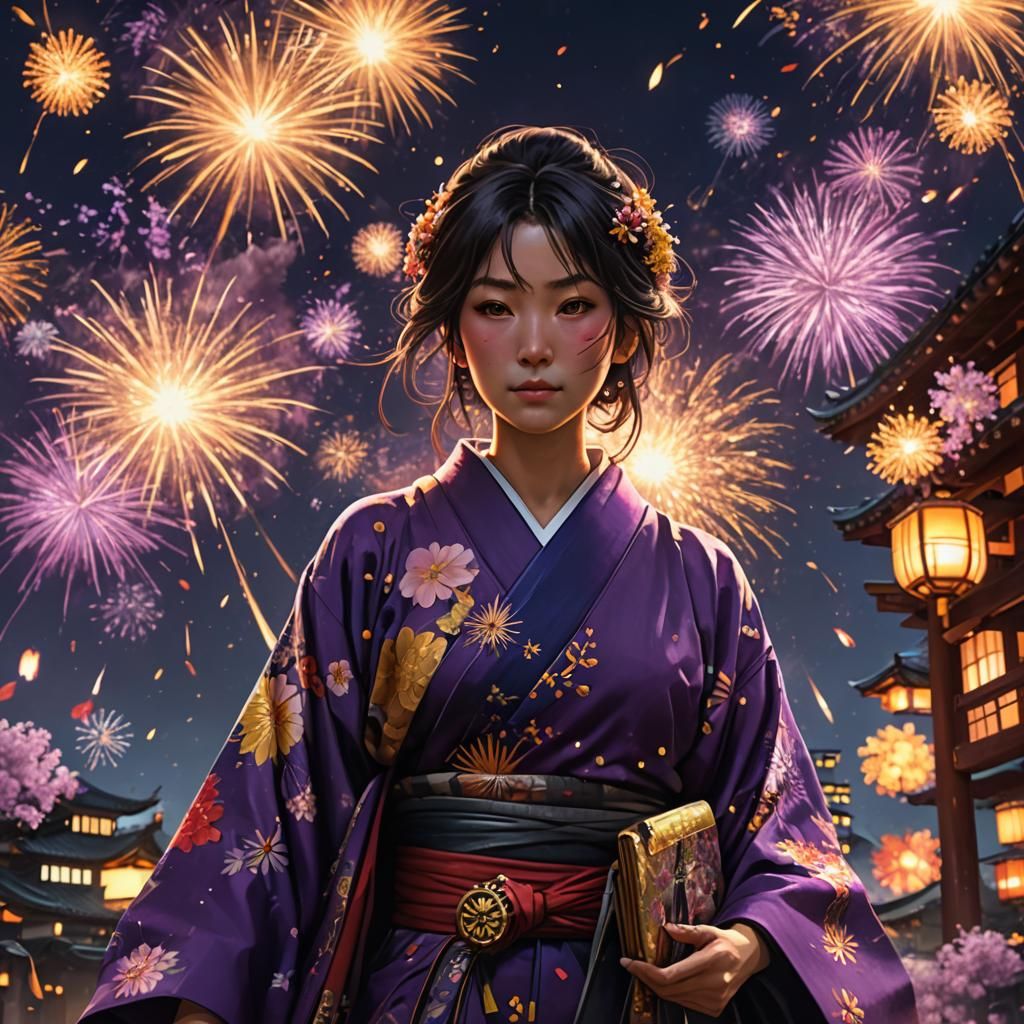 Kimono Figure Under Fireworks in Detailed Dark Fantasy