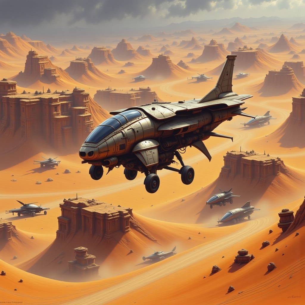Sci-Fi Ornithopter Soars Over Vast Desert Landscape
