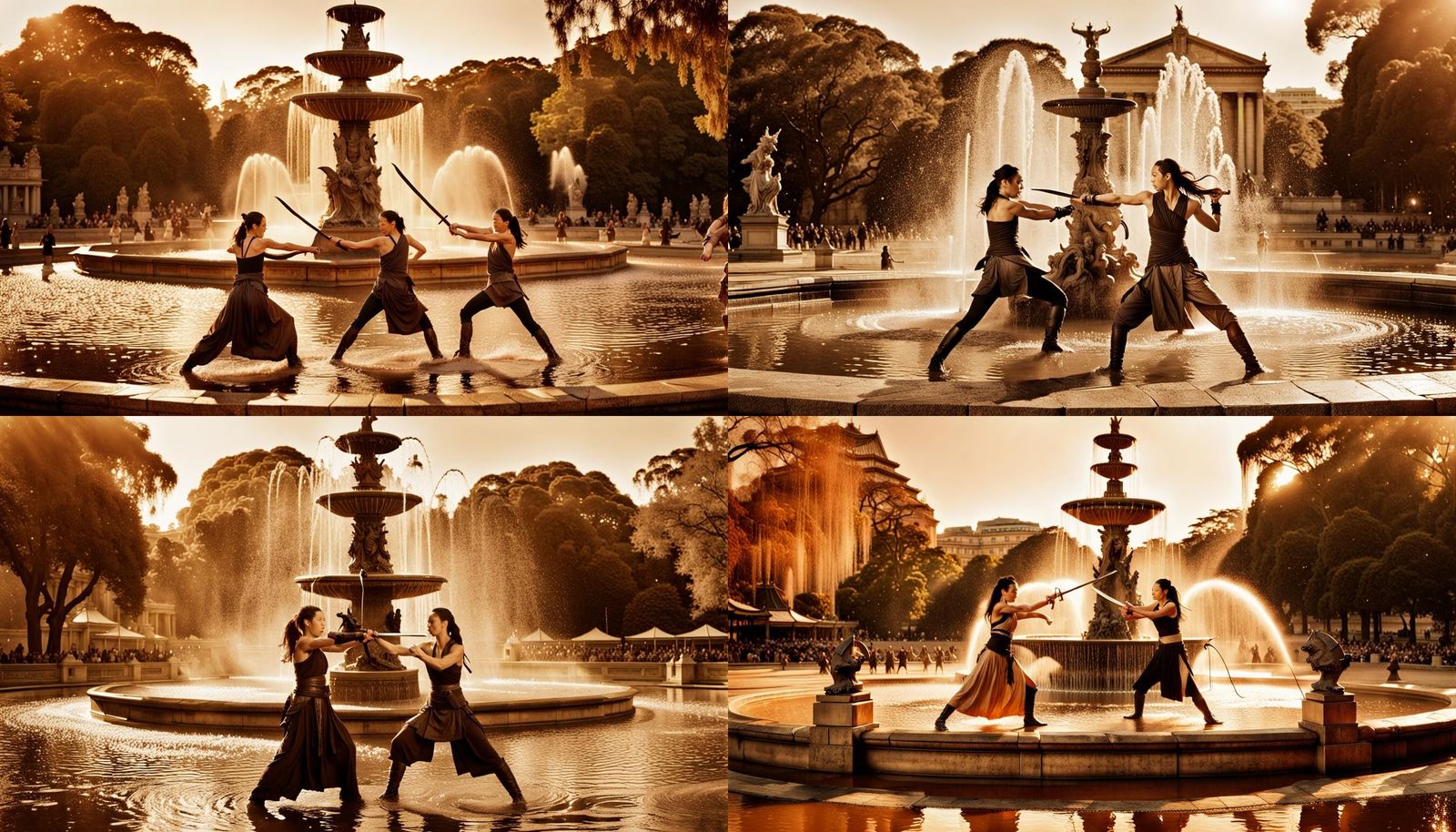 Epic Battle at Hyde Park Fountain in Sepia Tone