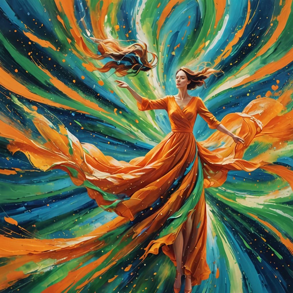 Woman in Orange Dress Whirlwind: Expressionist Dream Art