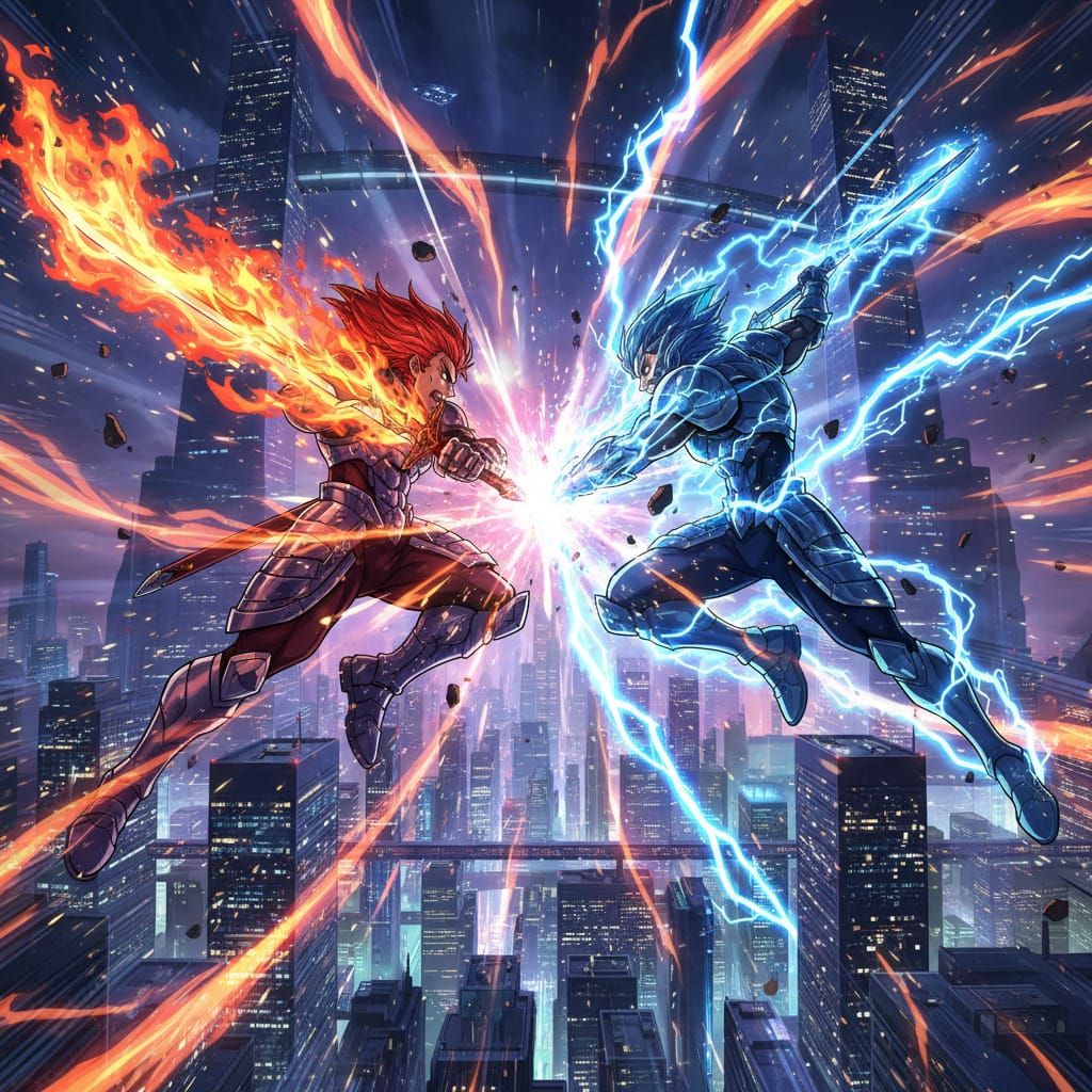 Anime Warriors Clash With Fire and Lightning Over Futuristic...