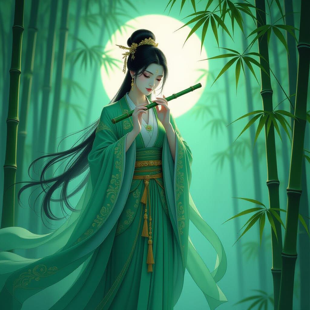 Jade Spirit in Bamboo Forest, Digital Art