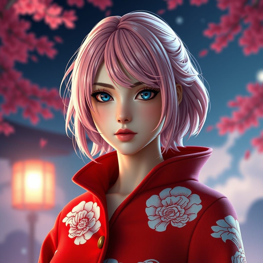 Seductive Young Woman in Red Coat with Akatsuki Clouds