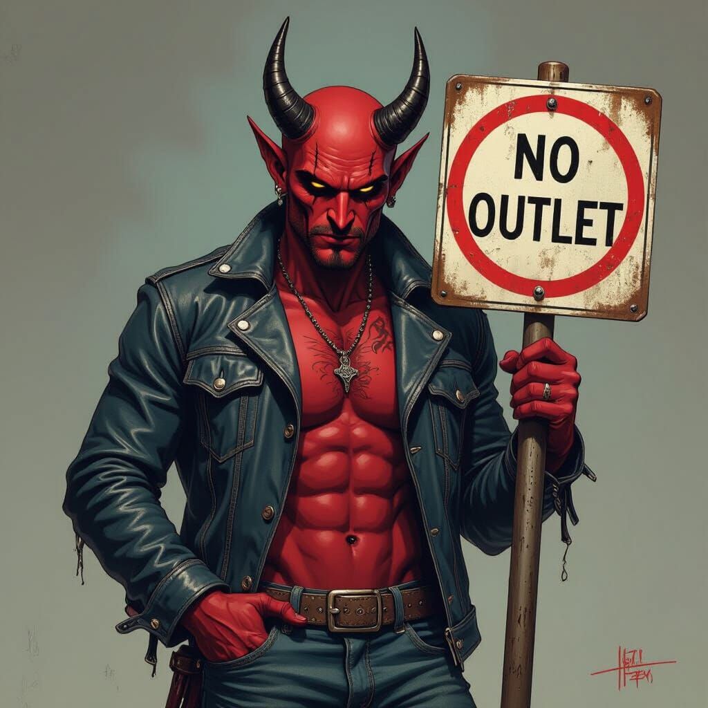 Devil with 'No Outlet' Sign in Tattoo Art Style