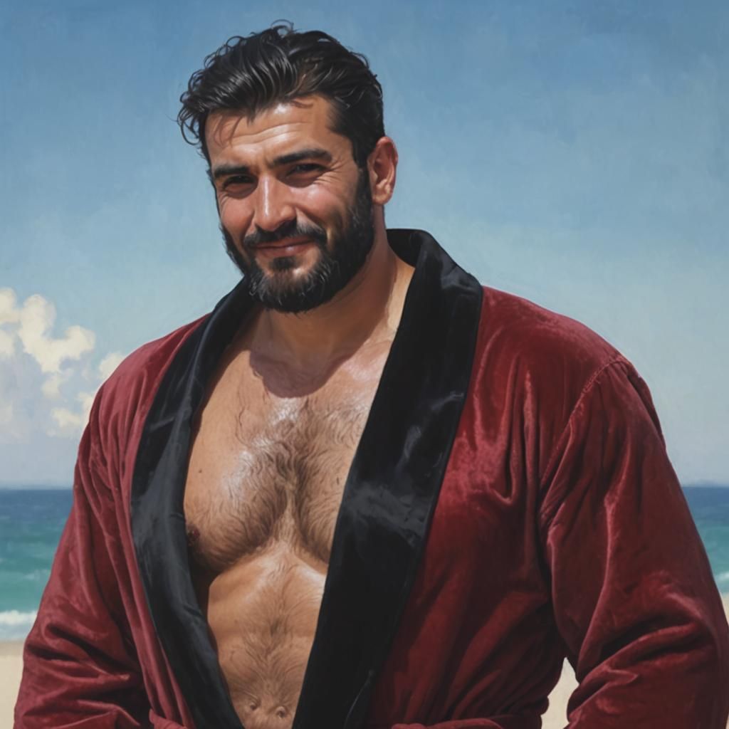 Smiling Man in Red Velvet Bathrobe, Impressionist Style