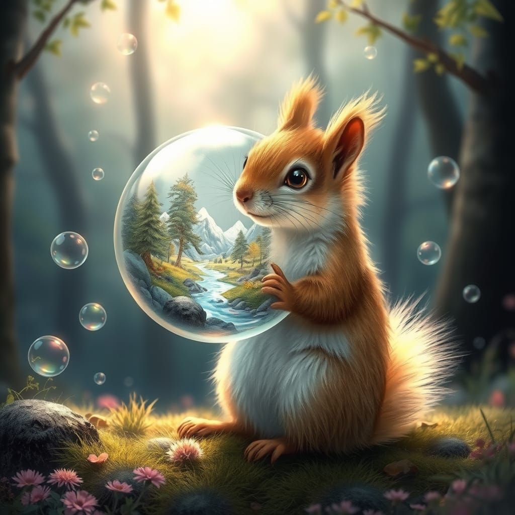 Squirrel Holding Bubble in Mystical Forest