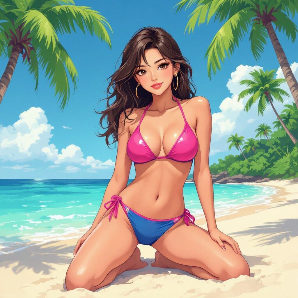 Anime Woman in Bikini on Tropical Beach