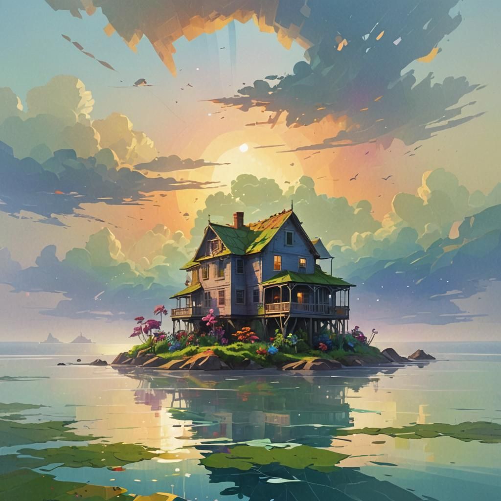 Vibrant Low-Poly Island With Space Station