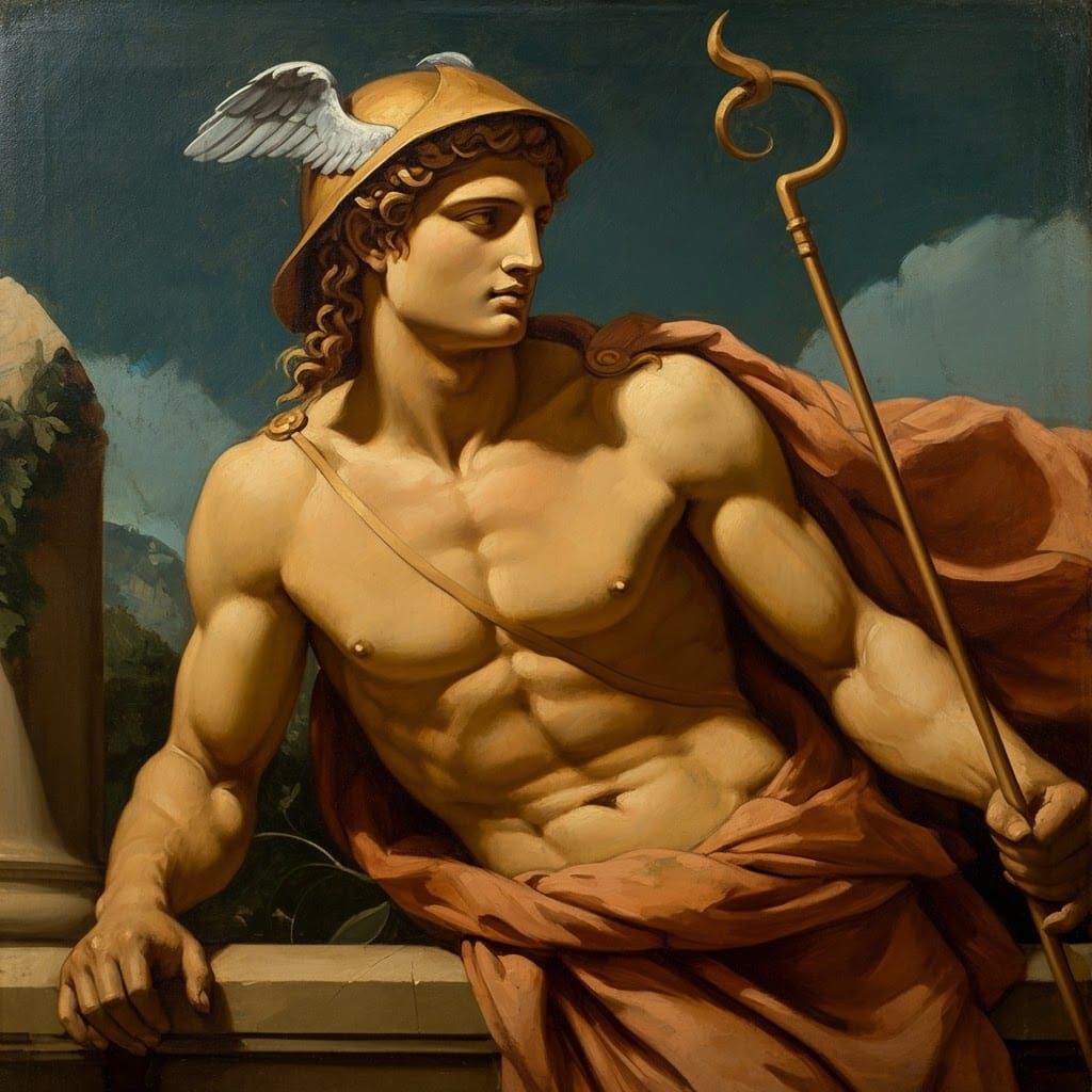 Neoclassical Greek God Hermes Depicted in Oil on Canvas