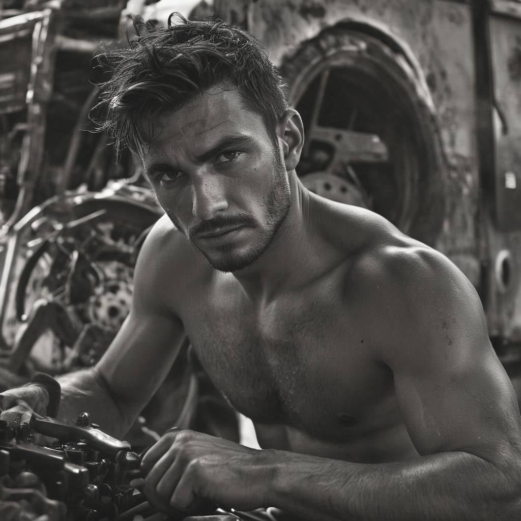 Moody Black and White Portrait of a Handsome Mechanic