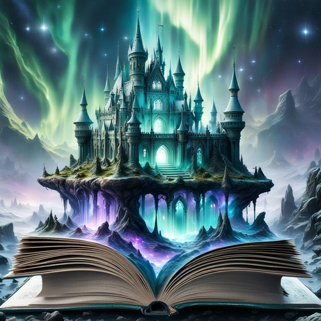 Magical Intergalactic Castle Emerging from Book, Digital Art