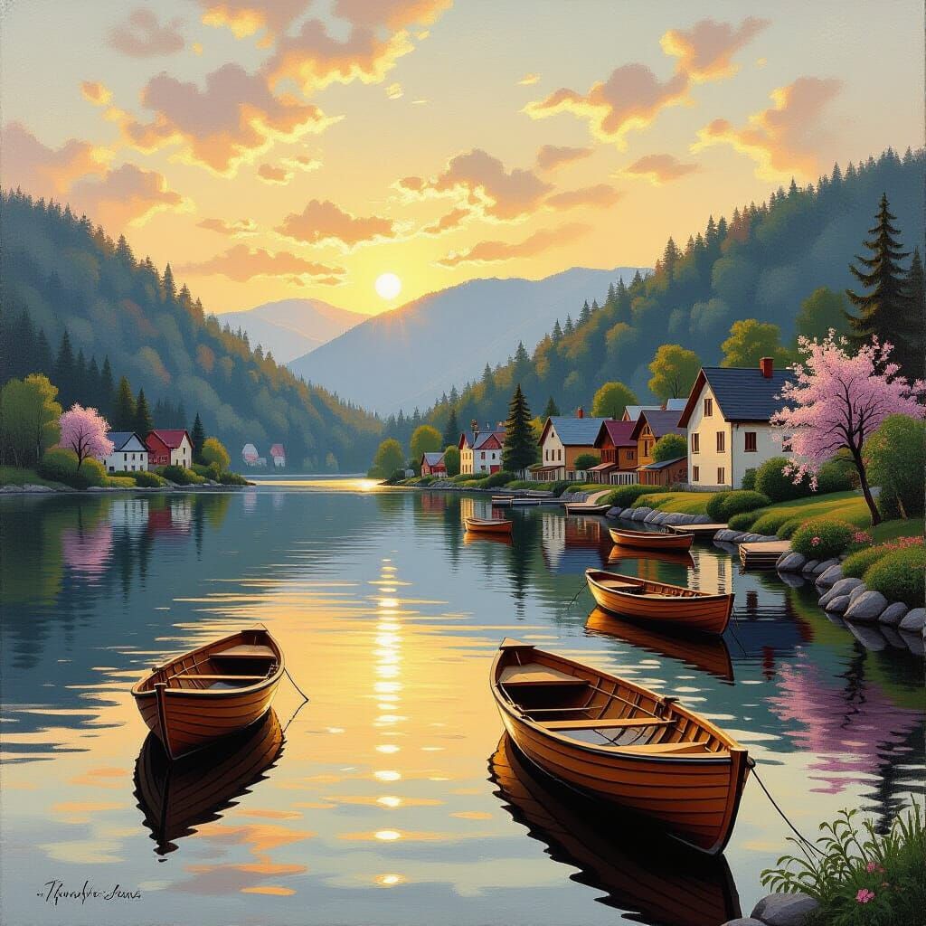Vintage Oil Painting of Lakeside Village at Golden Hour