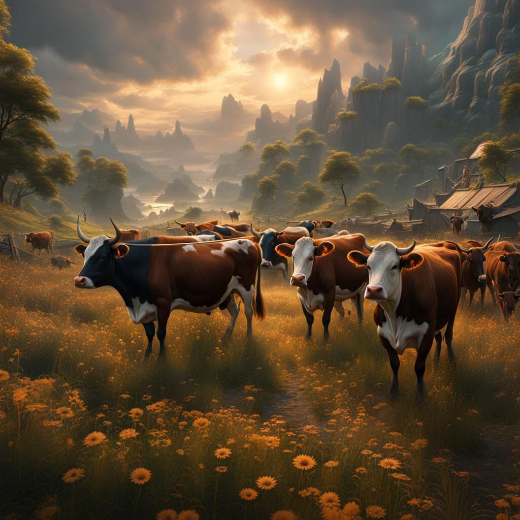 Cows Protesting in Detailed Fantasy Art