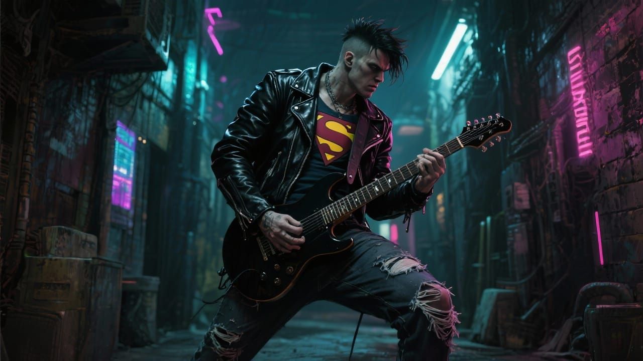 Punk Superman Shreds Guitar in Neon Alley