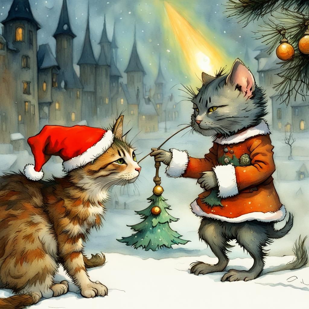 Cat and Mouse Christmas Tree in Watercolor Style