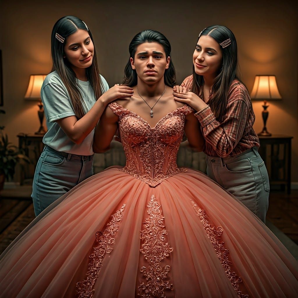 Muscular Young Man Nervously Poses in Quinceañera Gown with....