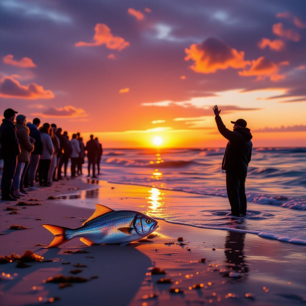Fish Stranded at Dawn Watched by Onlookers