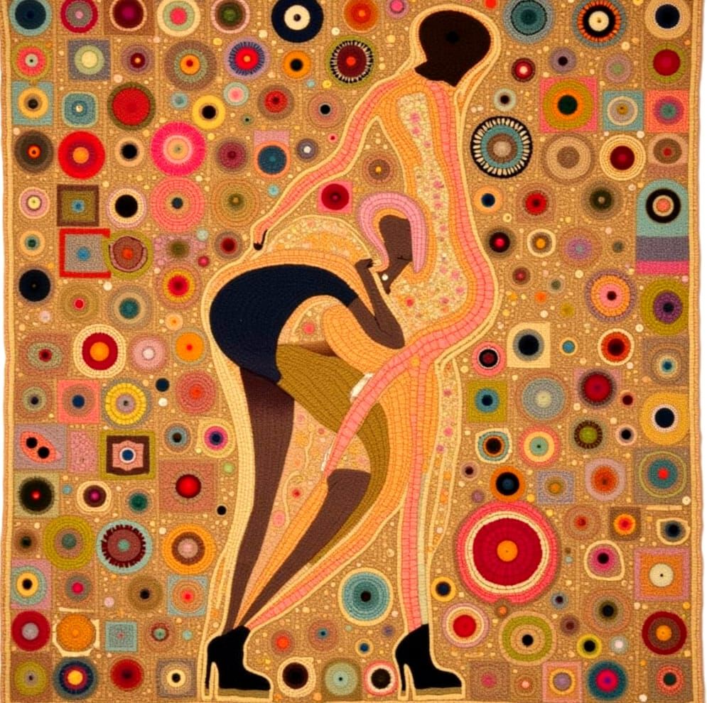 1960s Woman Climbs Man's Shoulders in Woven Rug Style