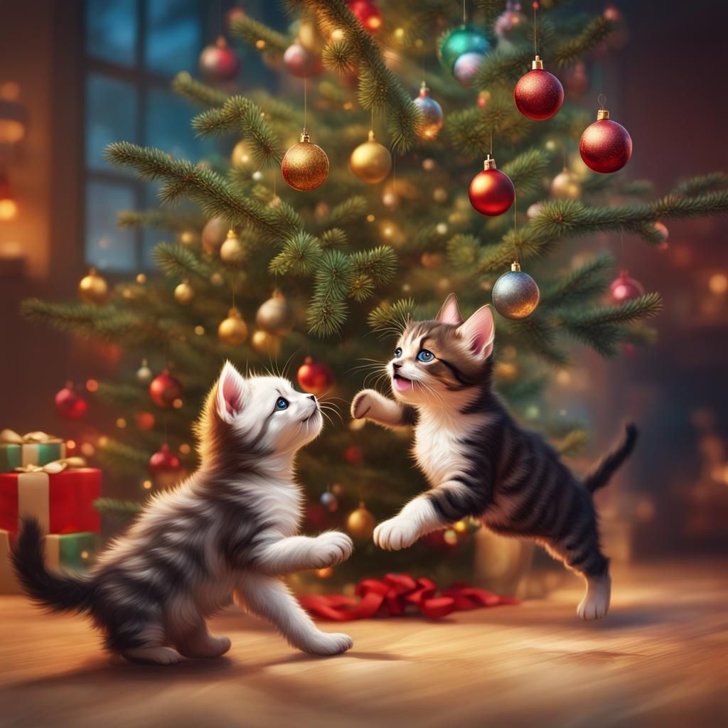 Puppy and Kitten Christmas Chase: Hyperrealistic Art