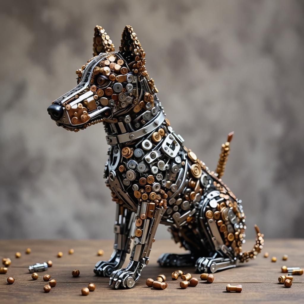 Dog Sculpture Assembled from Nuts and Bolts