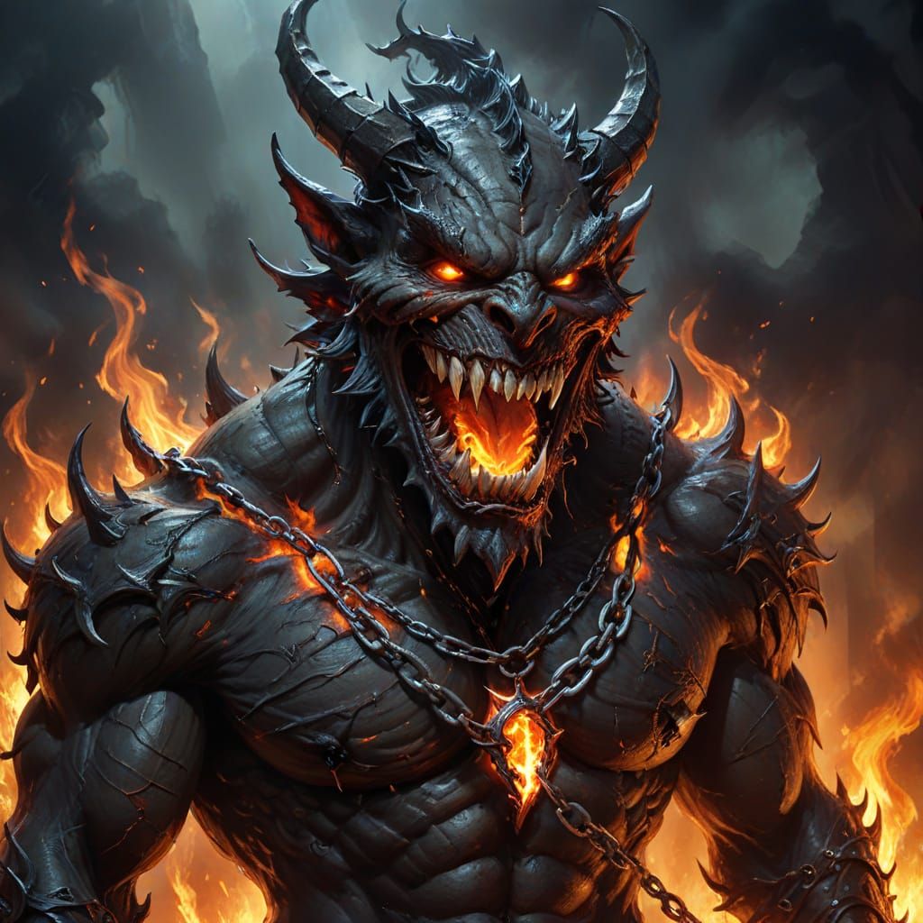 Chained Fire Devil Creature in Dark Fantasy Style