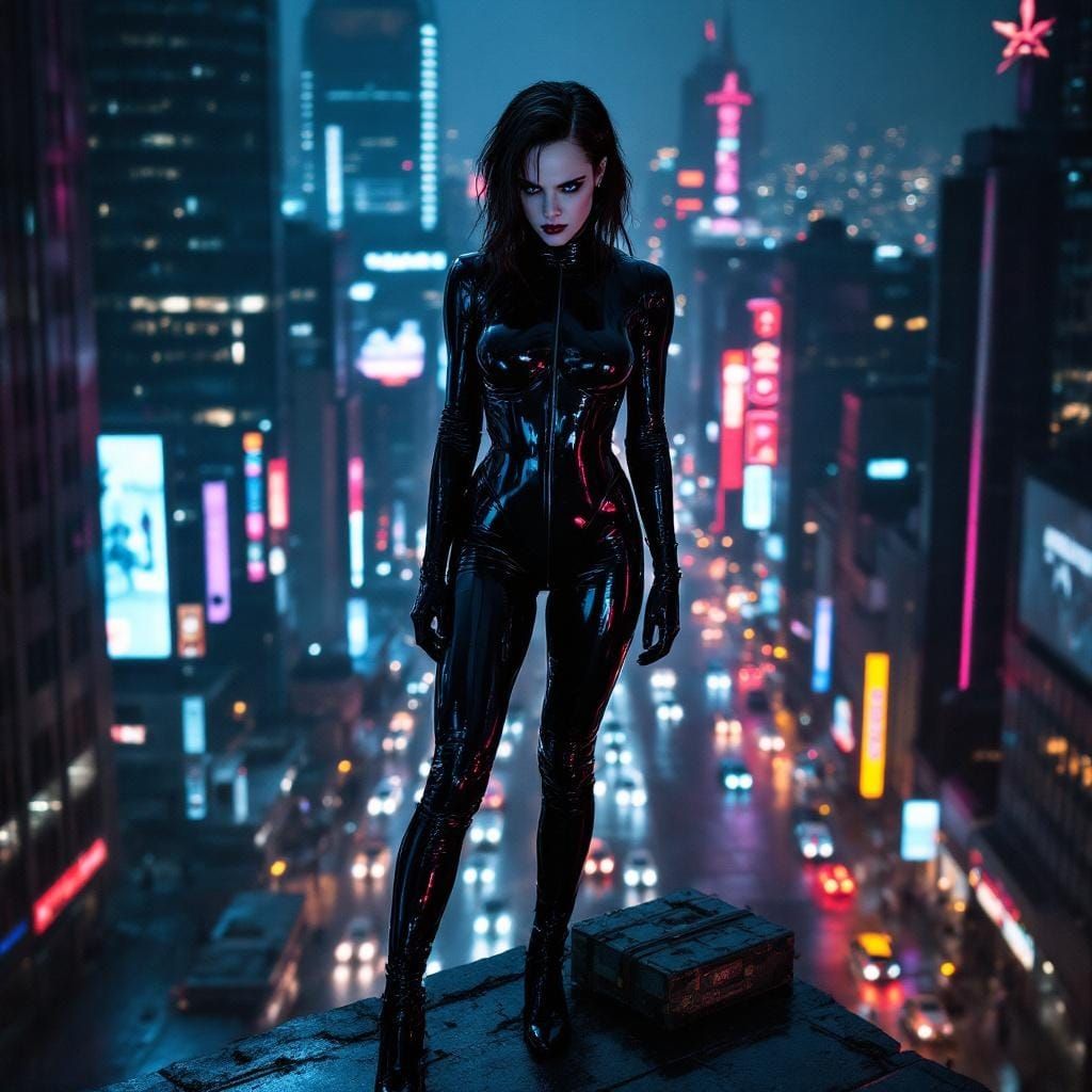 Vampire in Cyberpunk Cityscape with Neon Lights