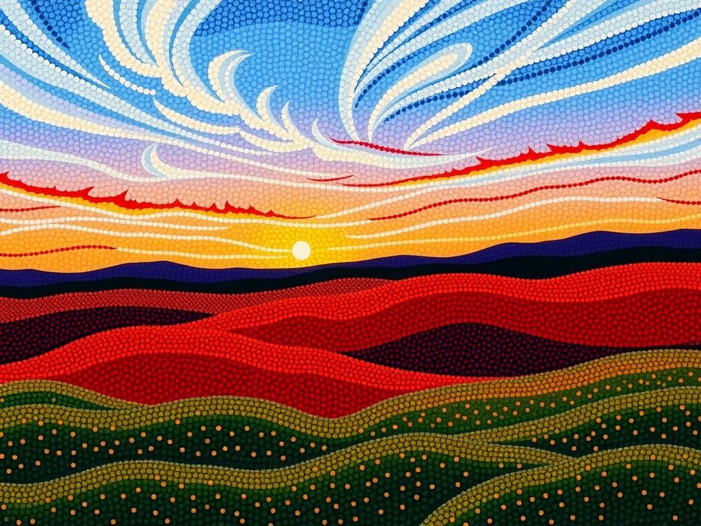 Sunset Over Hills in Pointillism Style