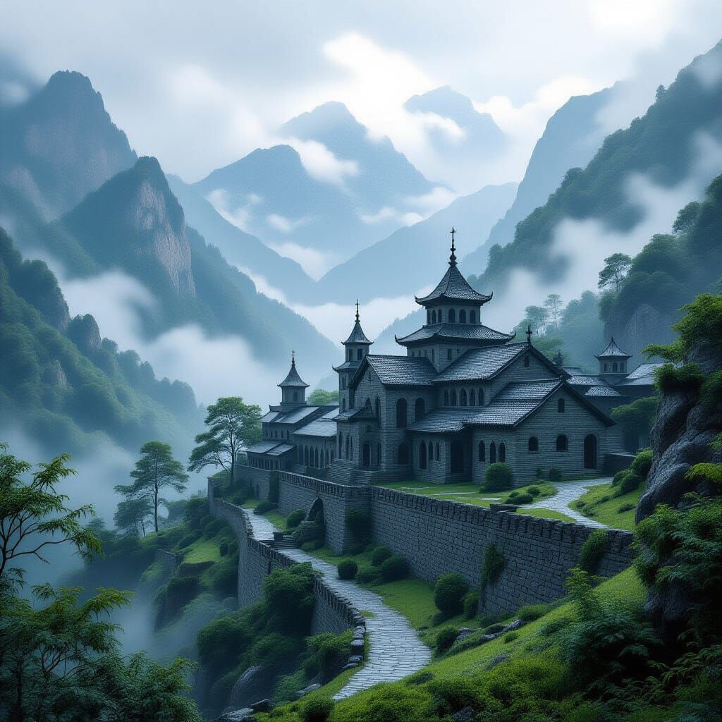 Misty Mountain Monastery in Photorealistic Style