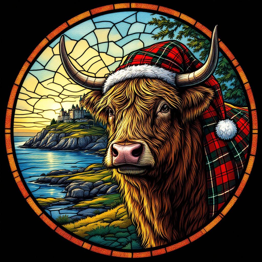 Stained glass highland cow