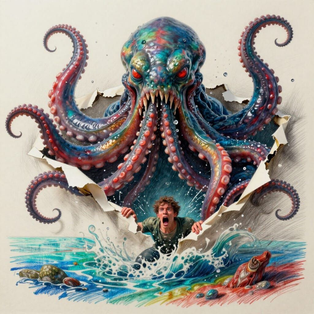 Surreal Kraken Emerges from 2D Drawing to Hyper-Realistic 3D