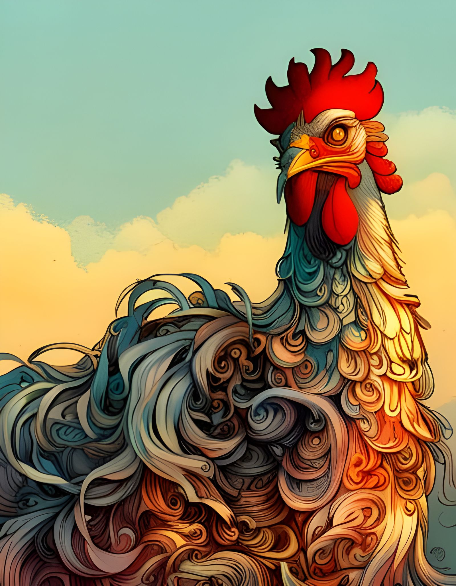 Robotic Rooster Digital Illustration in Splash Art Style