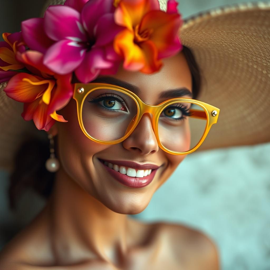 Smiling Woman in Hat and Yellow Glasses: Hyperrealistic Port...
