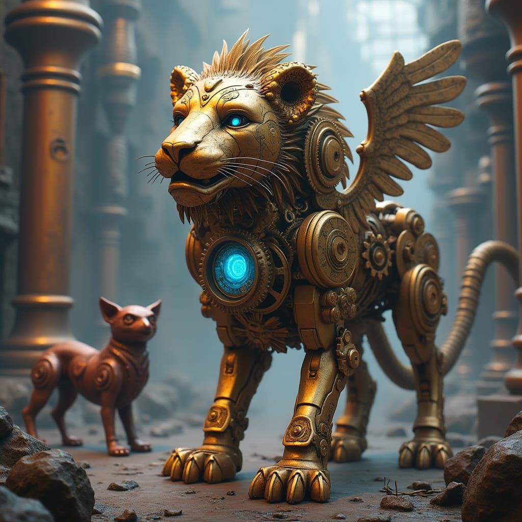 Clockwork Lion in Steampunk World: Detailed Matte Painting