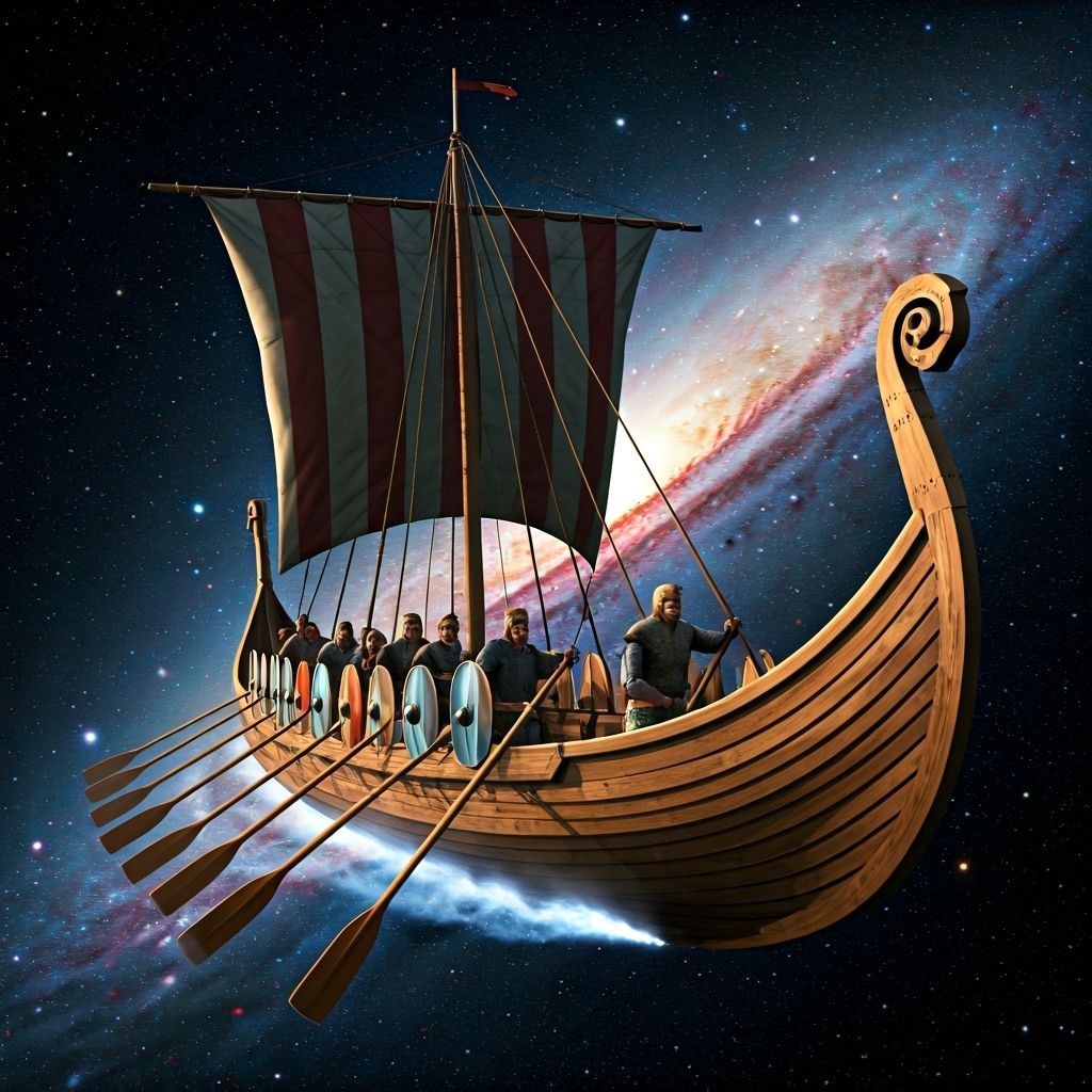 Viking Longship Sails Through Cosmic Nebula
