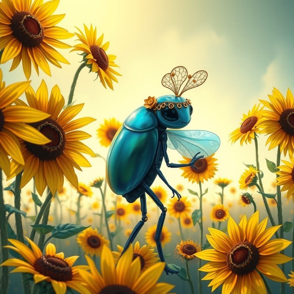 Whimsical Alien Ladybug in a Vibrant Sunflower Field