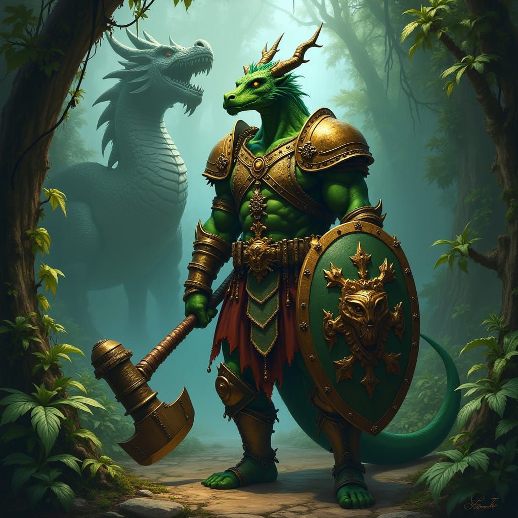 Majestic Green Dragonborn Guardian in Tropical Humid Forest