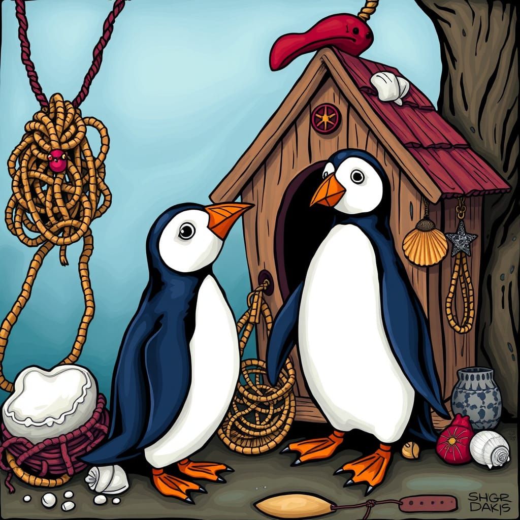 Penguin and Whimsical Birdhouse in Fantastical Style