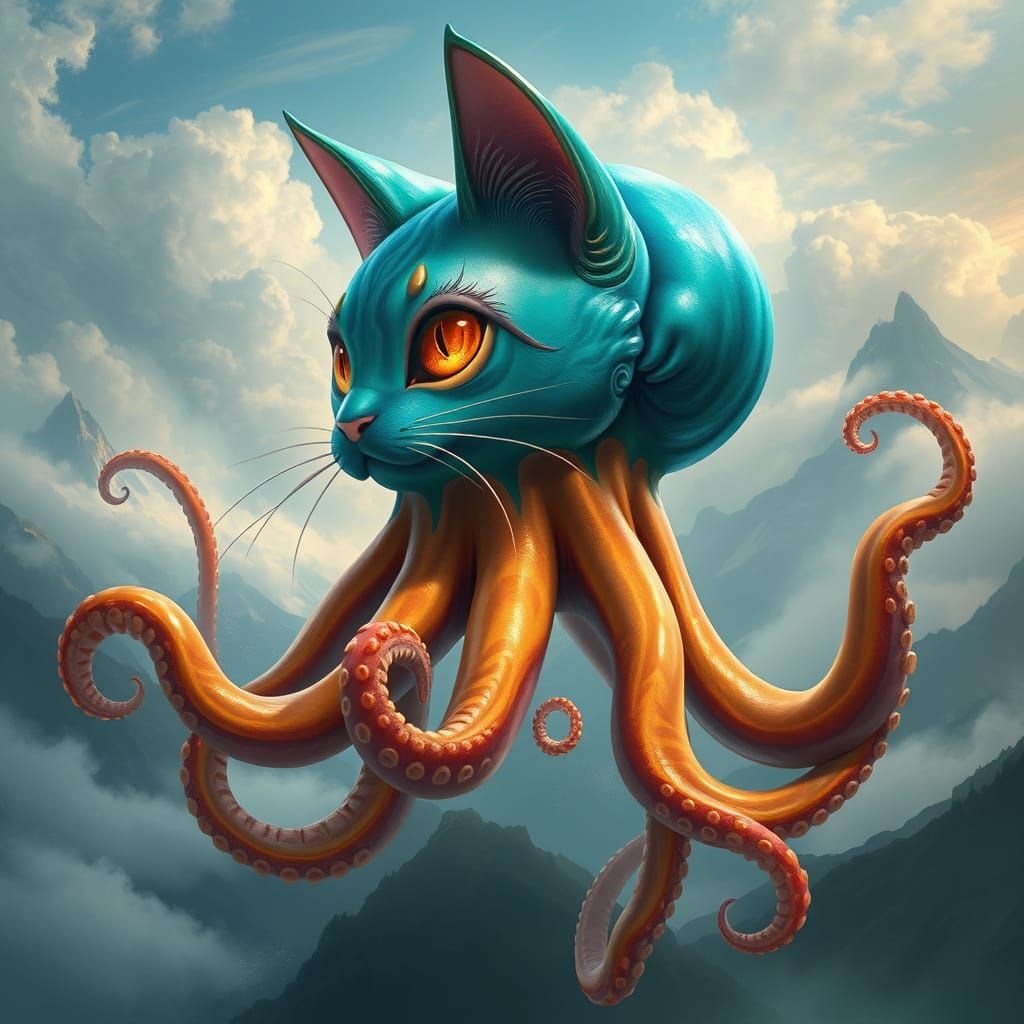 Whimsical Octopus Cat in Dreamlike Fantasy Landscape