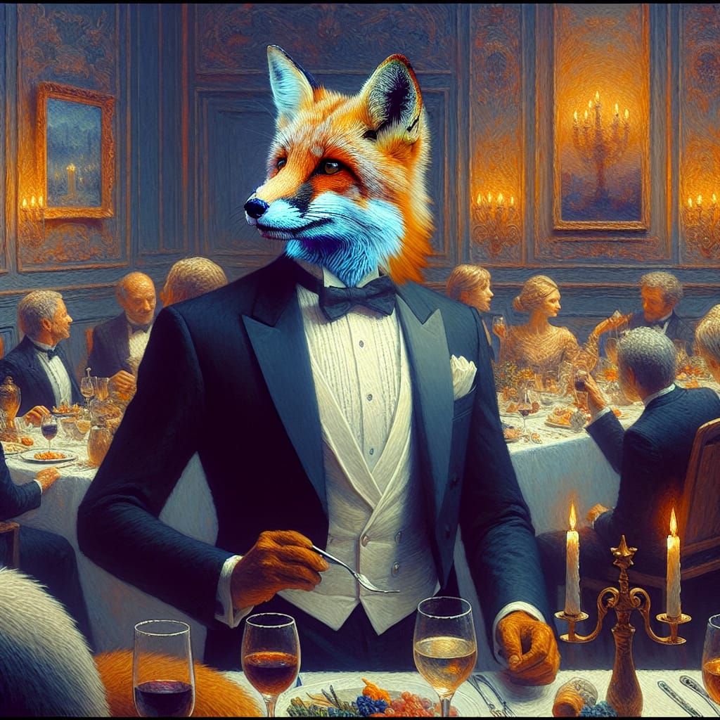 Elegant Fox in Tuxedo at Dinner Party