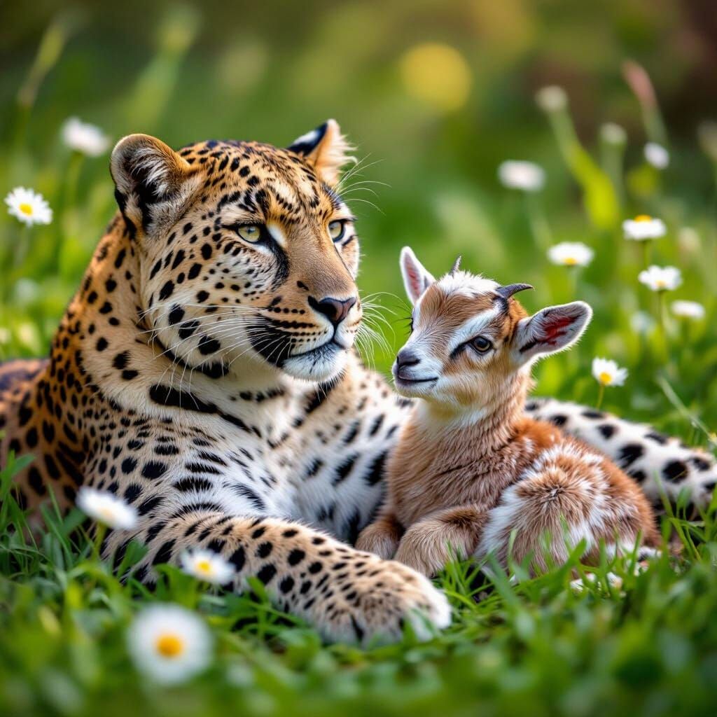 Serene Leopard and Goat in Field, Professional Photography
