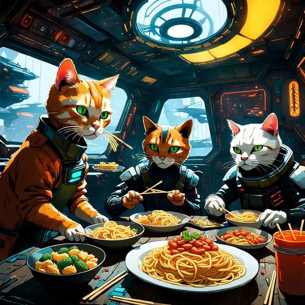 Orange Cat and Androids Eat Pasta in Cyberpunk Spaceship