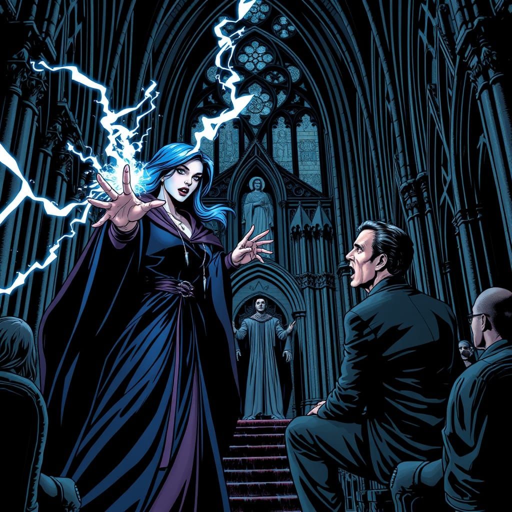 Sorceress Confronts Politician in Comic Book Art