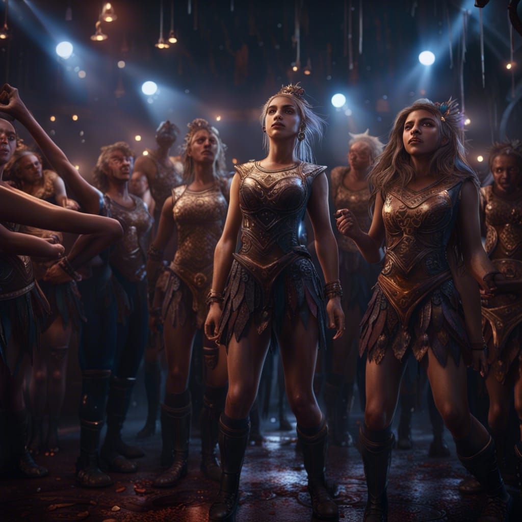 Fantasy Girls Triumph on Stage in Dark Fantasy Art