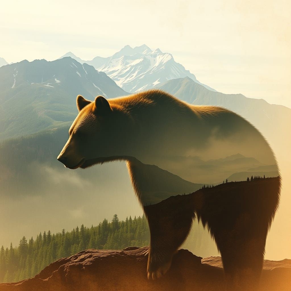 Bear Silhouette Double Exposure Mountain Landscape