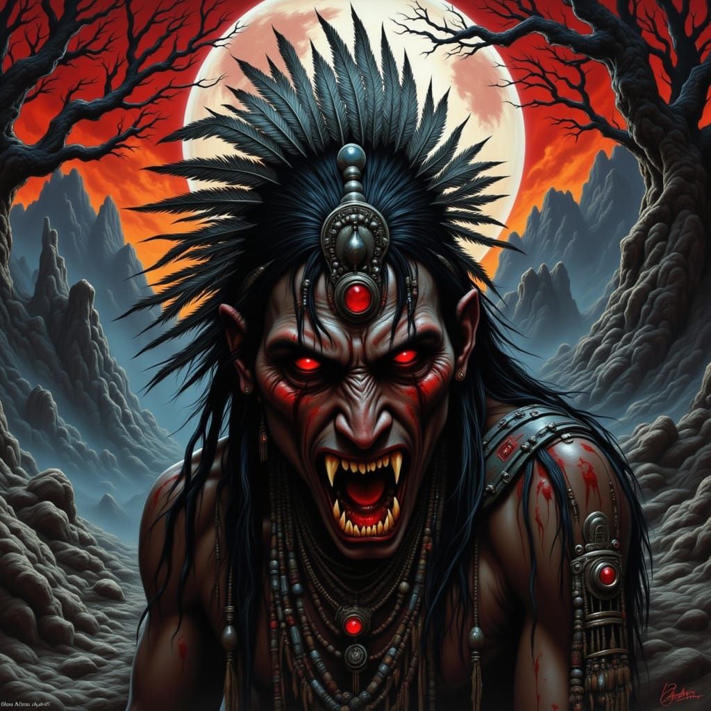 Native American Vampire Shaman Attacking with Stone Hatchet