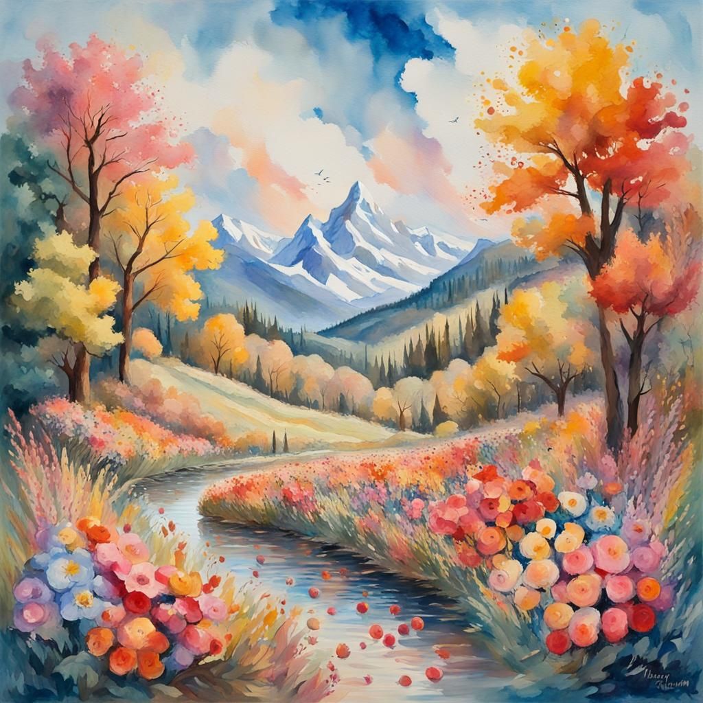 Gratitude Symphony: Gouache Watercolor Impressionist Masterp...