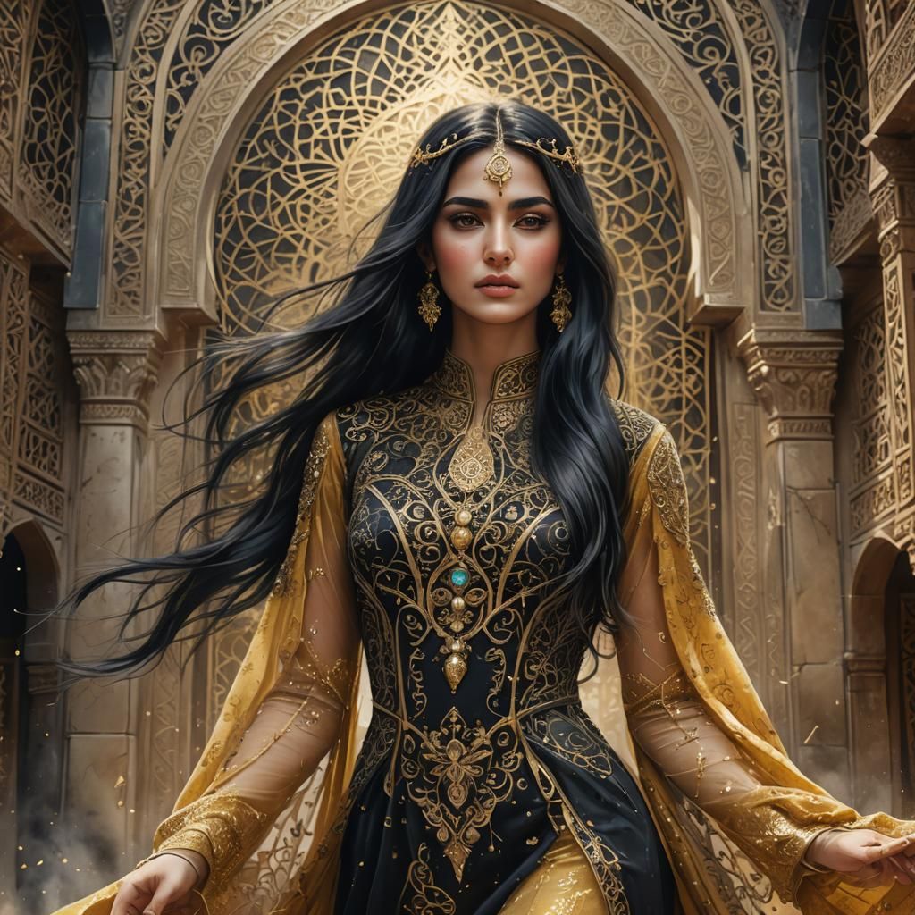 Arabic Woman in Gold Dress, Watercolor Art