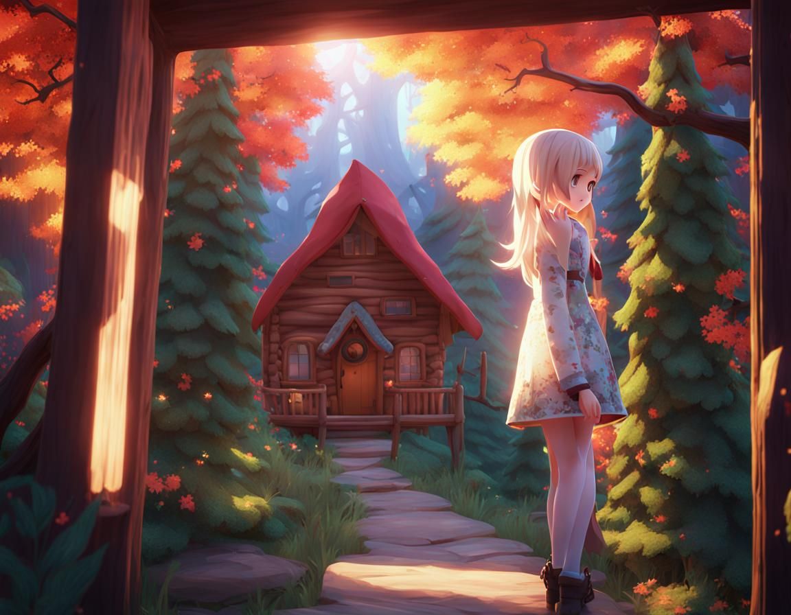 Anime Girl in Forest Cabin: Whimsical 3D Art