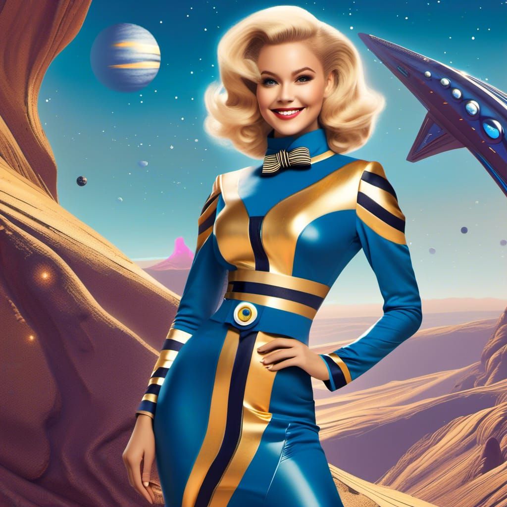 Retro-Futuristic Woman on Moon with Cheshire Cat