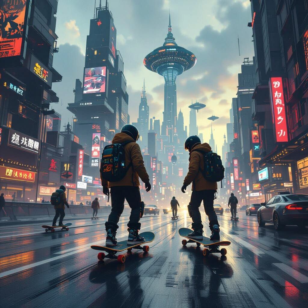 Dystopian Skateboarders in Futuristic Cityscape
